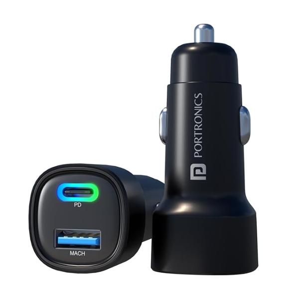 Portronics 80W Dual Output Fast Car Charger with Type-C PD & USB, LED Indicator, Charging Adapter Compatible with Cars for iPhone & Android Smartphone, Smartwatch, Earbud, Power Bank
