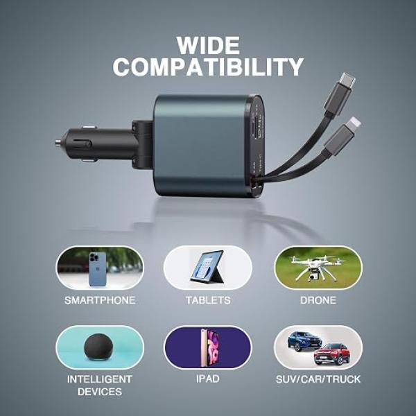 120W 4 in 1 Car Charger with 2 Retractable Cable (Type C & iPhone), 1 USB & 1 Type C Port- Universal Car Charger Compatible with All Android & iPhone Series