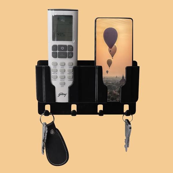 WALLVIEW TECH Plastic Wall Mount Mobile Holder with Remote Control Storage Racks, Key Hanger, Pen Holder Space/Self-Adhesive/Multi Purpose Accessories