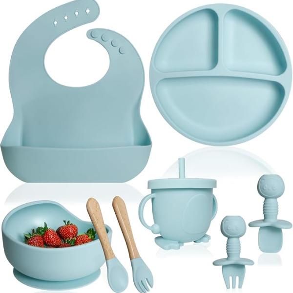 Free Silicone Baby Feeding Set | Microwave Safe | Complete Set for Feeding & Baby Training | Anti-Slip Base | Babies & Toddlers with Suction Plate Bowl Cup Spoon Fork & Bib