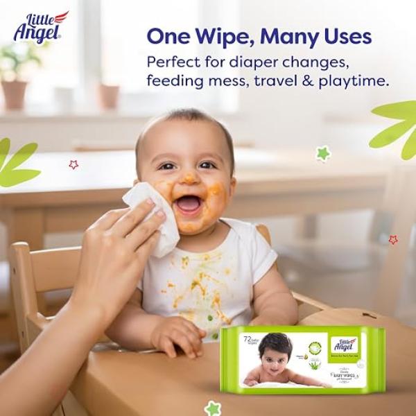 Little Angel Super Soft Cleansing Baby Wipes, 648 Count, Enriched with Aloe vera & Vitamin E, pH Balanced, Dermatologically Tested & Alcohol-free, Pack of 9, 72 count/pack
