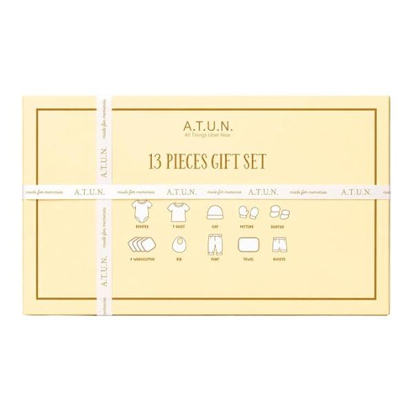 Premium Newborn Baby Gift Set (13 Pieces) | 100% Cotton Baby Clothing Set | 0-3 Months | Baby Shower and Welcome Gift Box