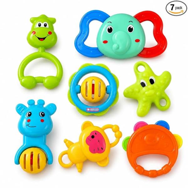 Storio Baby Products Toys 7 Pcs Rattle Set with Teathers for New Born Baby Gifts, Toy for Babies