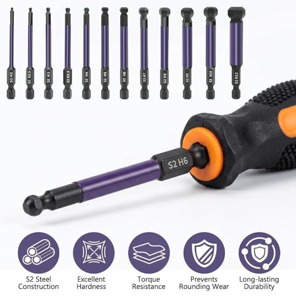 BEST 12Pcs Ball End Hex Screwdriver Bit Set H2-H12, 1/4'' Hex Shank S2 Steel Magnetic Hex Bits Set 2-12mm Allen Key Drill Bits with 25° Angled Ball Tip for Furniture Assembly,