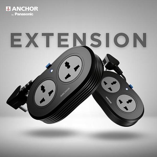 Anchor by Panasonic 2 Universal Socket Extension Board, 6A Spike Guard with 1.2-Meter Heavy Duty Cord for Home and Office Usage, 2 Way Power Strip with LED Indicator,