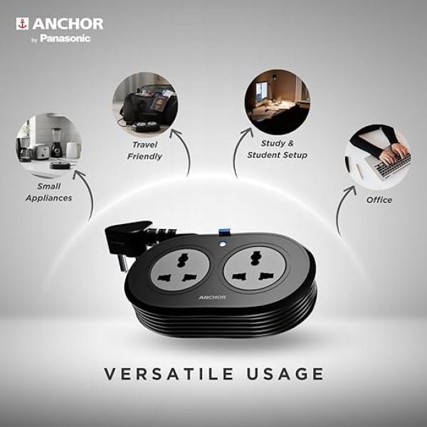 Anchor by Panasonic 2 Universal Socket Extension Board, 6A Spike Guard with 1.2-Meter Heavy Duty Cord for Home and Office Usage, 2 Way Power Strip with LED Indicator,