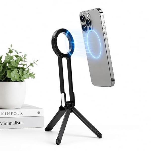 Tripod Stand for iPhone & Smartphones | Foldable Magnetic Phone Holder with Clip | Portable Aluminum Stand for Vlogging, Video Calls & Travel | Includes 2 Magnetic Rings