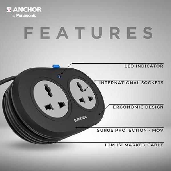 Anchor by Panasonic 2 Universal Socket Extension Board, 6A Spike Guard with 1.2-Meter Heavy Duty Cord for Home and Office Usage, 2 Way Power Strip with LED Indicator,