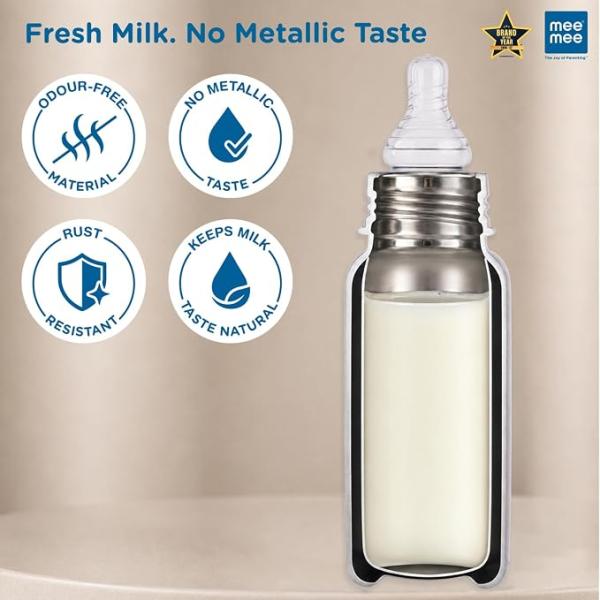 Mee Mee Anti-Colic Stainless Steel Baby Feeding Bottle, Food-Grade Silicone Teat, Wide Mouth, BPA-Free, Odour-Free, 100% Plastic-Free Body – Safe Infant Feeding-240ml