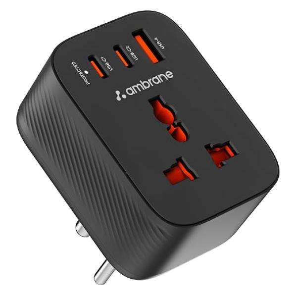5-in-1 MultiPort Adapter with Universal AC Socket, 2 x Type C, 2 x USB, 2500W AC Output, 20W USB & PD Output, Ideal for Tight Spaces/Bedside & Travels, Child Safety Shutter