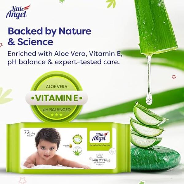 Little Angel Super Soft Cleansing Baby Wipes, 648 Count, Enriched with Aloe vera & Vitamin E, pH Balanced, Dermatologically Tested & Alcohol-free, Pack of 9, 72 count/pack