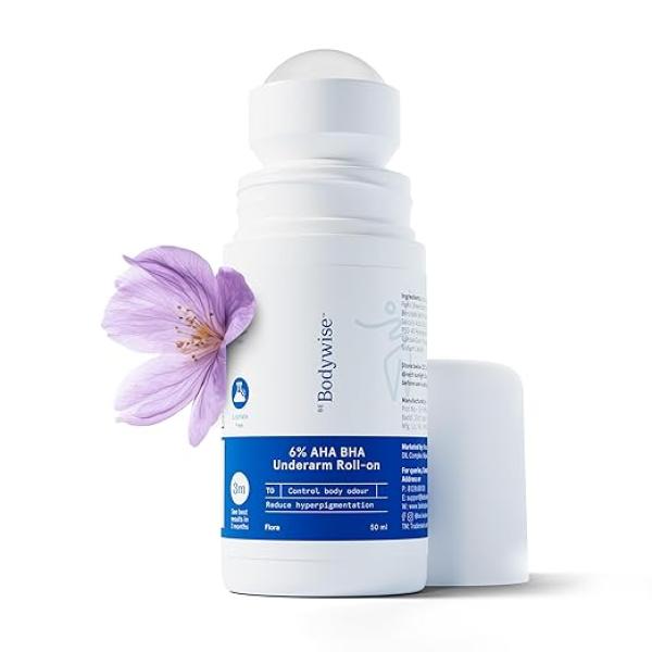 6% AHA BHA Underarm Roll-on Deodorant for Even Tone Skin,Reduces Body Odor & Pigmentation | 1% Mandelic, 4% Lactic, 1% Salicylic & Kojic Acid, Alcohol |Flora Fragrance,50ml