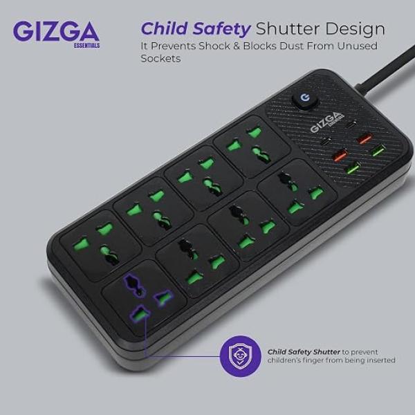 2500W Desktop Power Strip with Child Safety, 8 Universal Outlets & 6 USB Ports, Black Heavy-Duty Extension Board with Surge Protection