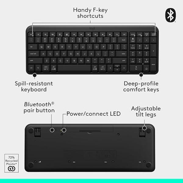 Logitech K250 Bluetooth Keyboard with Numpad, Easy Connectivity, Compact Wireless Keyboard Made with Recycled Plastic, Spill-Resistant, Comfortable Keys - Windows/MacOS
