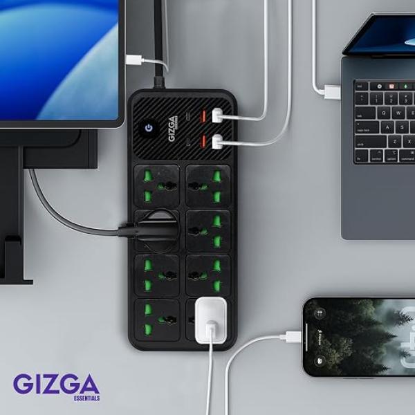 2500W Desktop Power Strip with Child Safety, 8 Universal Outlets & 6 USB Ports, Black Heavy-Duty Extension Board with Surge Protection