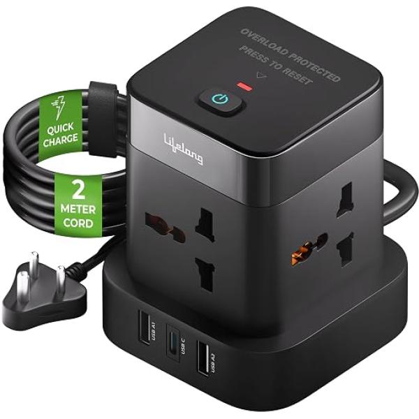 Extension Board 7-in-1 with Switch | 4 AC Sockets + 3 USB Ports (2 Type A + 1 Type C) | Overload Protection | Desk Accessories & Multiplug Gadget | 2M Cord