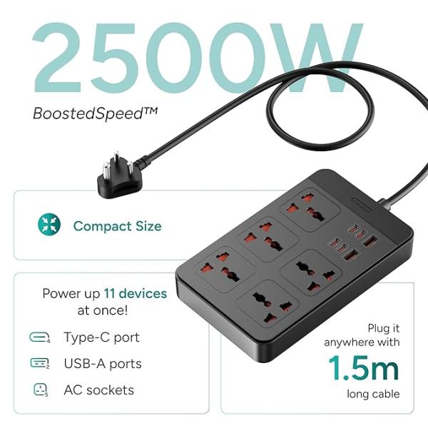 Ambrane Extension Board, 4 Type C, 2 USB, 5 International Power Sockets, 2500W Output, Long Cable, Wall Mount Option, Supports Laptop Charging for Office, Home Appliances