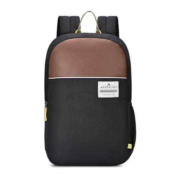 Laptop Backpack (Upto 17"), 2 Compartments, Black-Brown | Side Pockets, Premium Polyester Fabric & Zipper, Padded Straps, Travel/ Casual/ College Bag, Unisex,