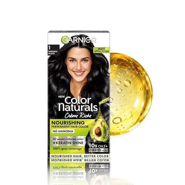 Garnier Color Naturals infused Shade 1 Natural Black Ammonia-Free Permanent Hair Color | 10X Natural Oils + Keratin Serum | 100% Grey Coverage | 10 Weeks of Intense Color & Shine