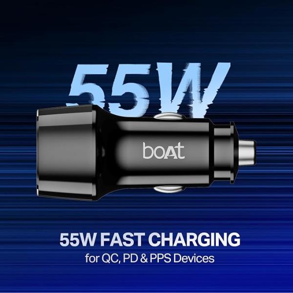 boAt 55W Car Charger with Dual Port USB-A and USB-C; Supports QC, PD & PPS Advanced Charging Protocols | 12-Layer Smart IC Protection | Compact, Lightweight, Heat & Scratch Resistant