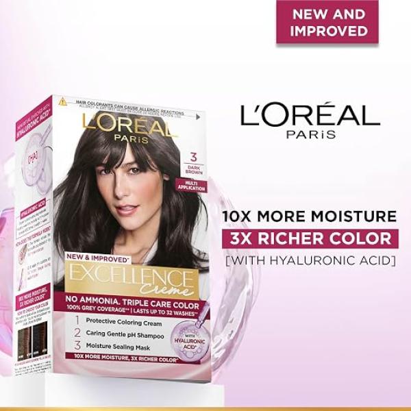L'Oréal Paris Permanent Hair Colour, Radiant At-Home Hair Colour with up to 100% Grey Coverage, Pro-Keratin, Up to 8 Weeks of Colour, Excellence Crème, 3 Natural Darkest Brown, 72ml