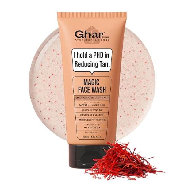 Ghar Soaps De-Tan Face Wash | For Tan Reducing, Brightening & Glowing Skin | With Sandalwood, Saffron, Coconut Oil & Goat milk | For All Skin Types