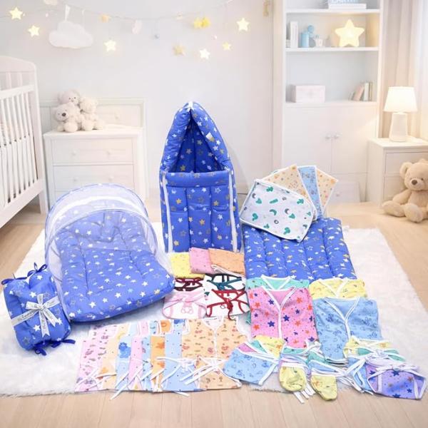 Baby Essentials | Hospital Kit | Baby Clothes | Maternity Essentials | Infant Essentials | Baby Shower | Complete Daily Items Combo(0-6 Months) (Star) (Blue Bedding Set for Baby )