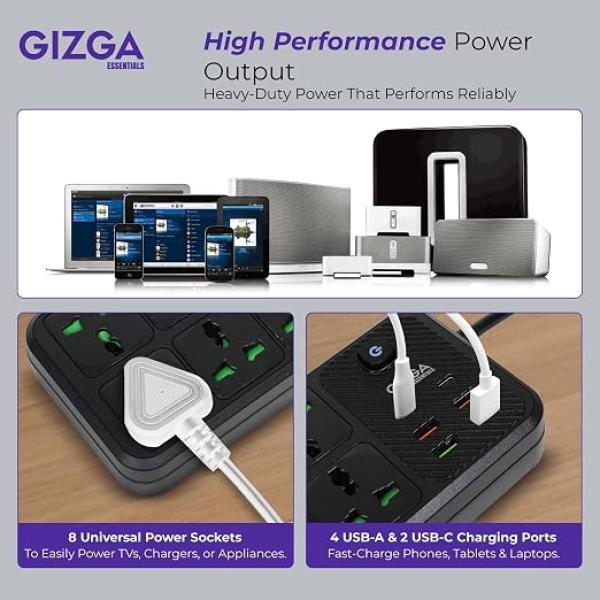 2500W Desktop Power Strip with Child Safety, 8 Universal Outlets & 6 USB Ports, Black Heavy-Duty Extension Board with Surge Protection