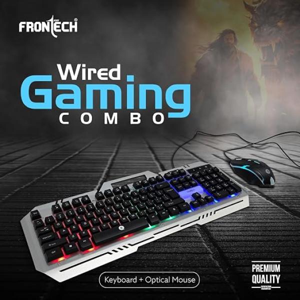 Frontech Wired Gaming Keyboard and Mouse Combo, Metal Base Keyboard with RGB Backlit Key, RGB Optical Mouse with 6 Buttons & 2400 DPI, USB Plug & Play, 1 Year Warranty