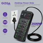 2500W Desktop Power Strip with Child Safety, 8 Universal Outlets & 6 USB Ports, Black Heavy-Duty Extension Board with Surge Protection