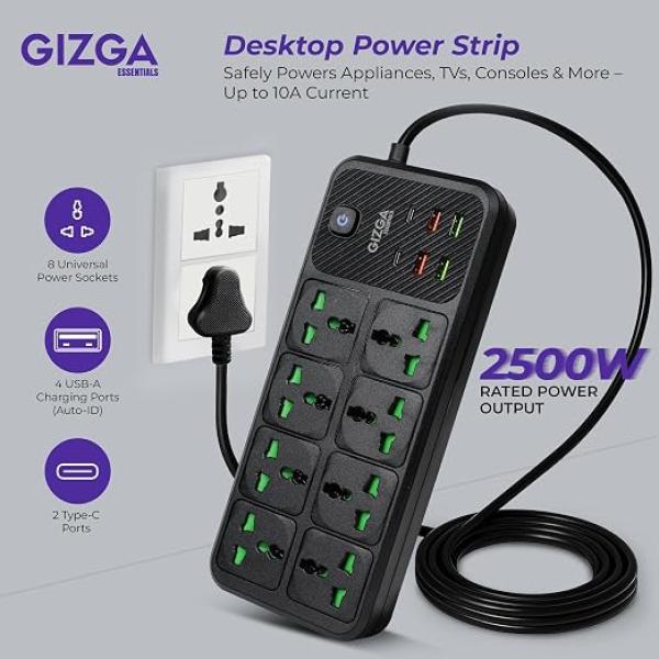 2500W Desktop Power Strip with Child Safety, 8 Universal Outlets & 6 USB Ports, Black Heavy-Duty Extension Board with Surge Protection