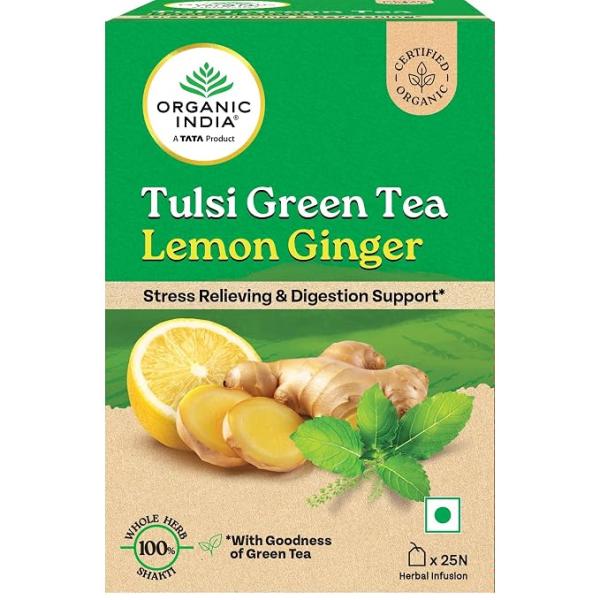 Organic India Tulsi Green Tea Lemon Ginger - 25 Teabags, Herbal Blend with Green-Tea, Tulsi, Lemon & Ginger, Supports Digestion, Refreshing Taste, Natural Ingredients