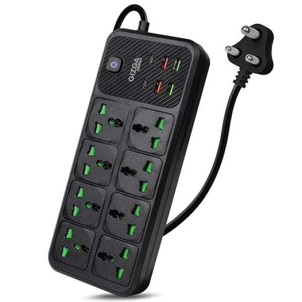 2500W Desktop Power Strip with Child Safety, 8 Universal Outlets & 6 USB Ports, Black Heavy-Duty Extension Board with Surge Protection