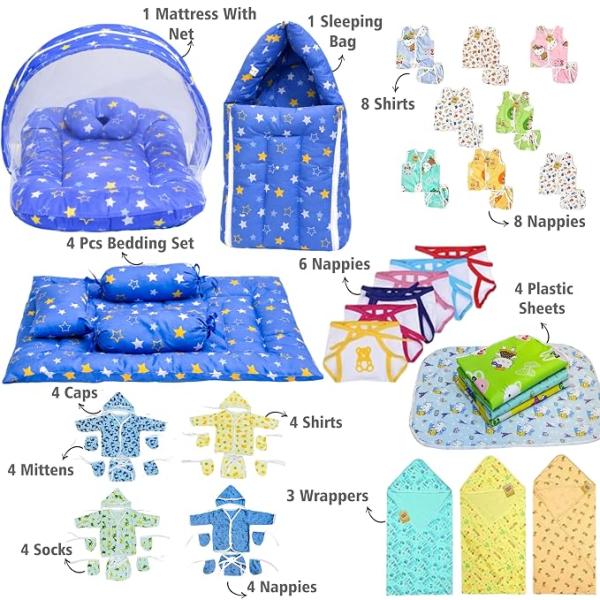 Baby Essentials | Hospital Kit | Baby Clothes | Maternity Essentials | Infant Essentials | Baby Shower | Complete Daily Items Combo(0-6 Months) (Star) (Blue Bedding Set for Baby )
